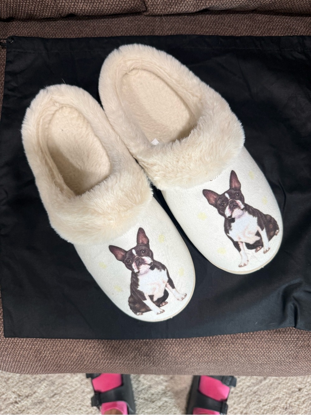 NEW Boston Terrier Faux-Fur Lined Dog Print Slippers XL 10-11